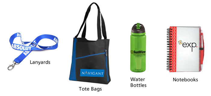 Lanyards, tote bags, water bottles, notebooks