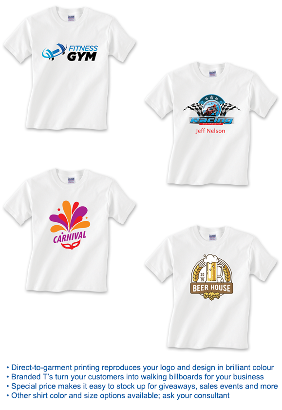 Direct-to-garment printing reproduces your logo and design in brilliant colour; Branded T's turn your customers into walking billboards for your business; Special price makes it easy to stock up for giveaways, sales events and more; Other shirt color and size options available; ask your consultant